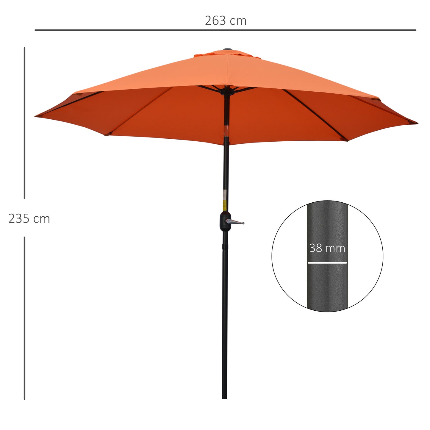 Outsunny 2.6M Patio Parasol Sun Umbrella, Tilt Shade Shelter Canopy with Crank 8 Ribs Aluminium Frame, Orange