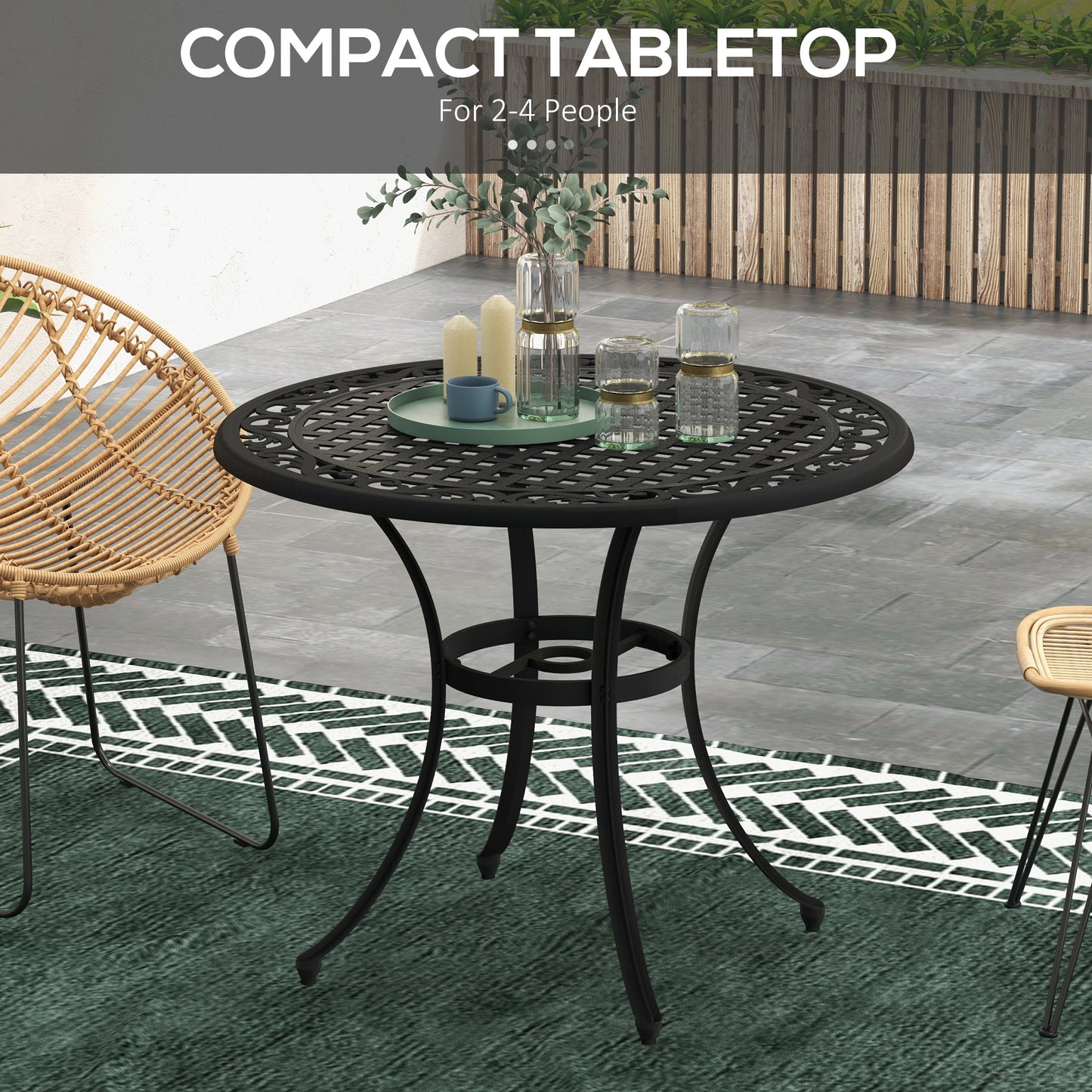 Outsunny Round Garden Table with Parasol Hole, 90cm Cast Aluminium Outdoor Dining Table for 2-4 for Balcony - Black
