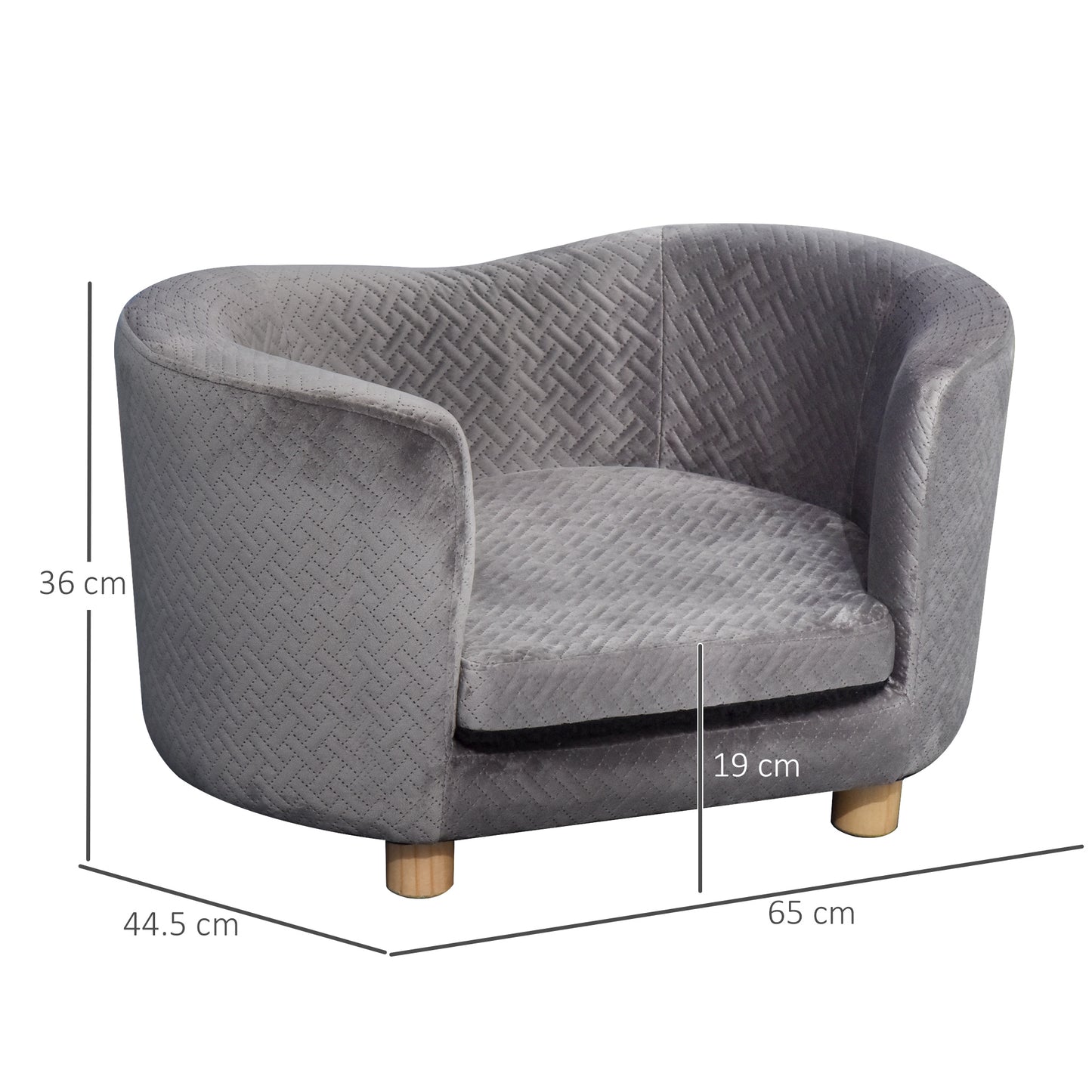 PawHut Pet Sofa Couch, Dog Bed, Cat Lounger, Modern Furniture w/ Wooden Legs Removable Cushion for Small Dogs, 65x44.5x36 cm, Grey