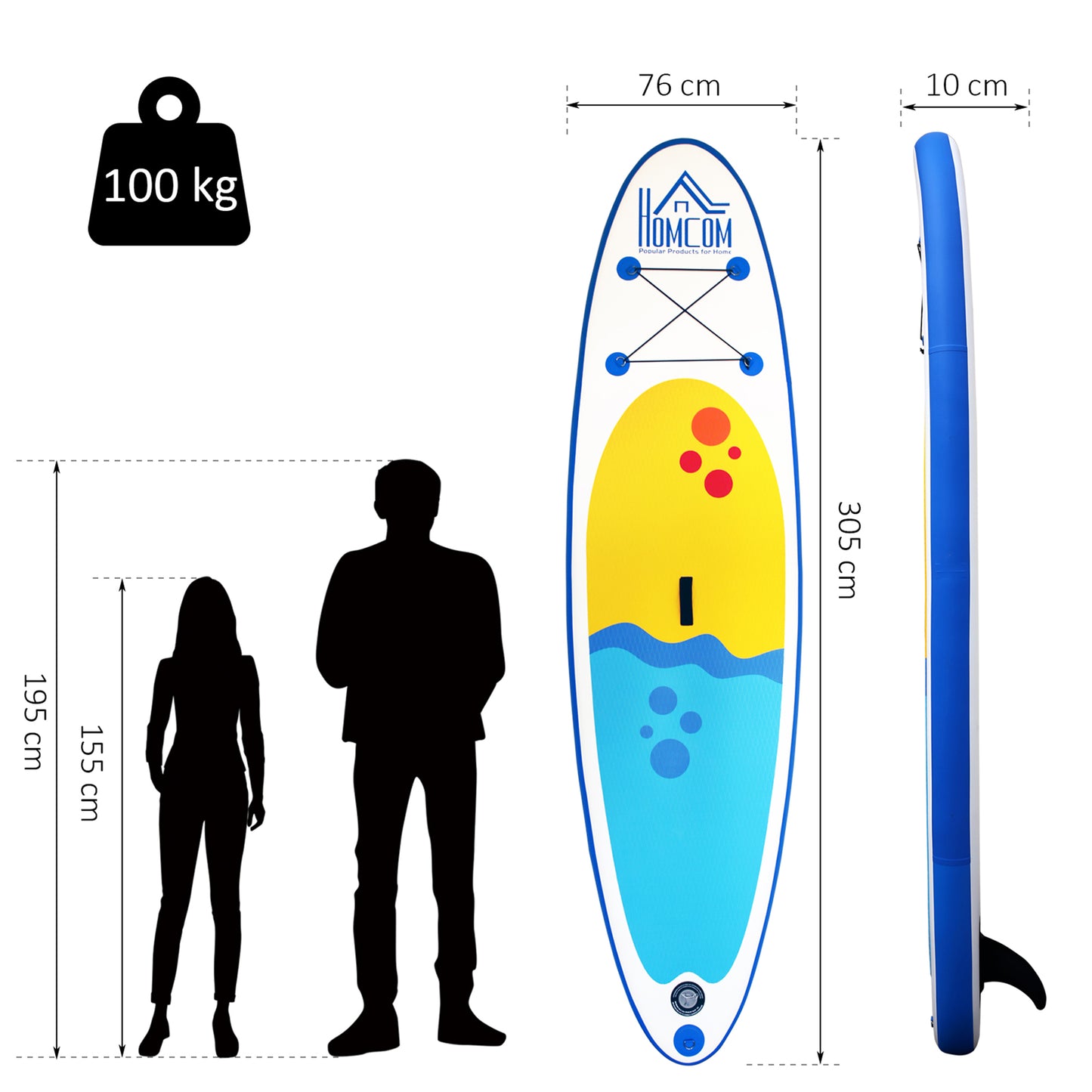 HOMCOM Inflatable Stand Up Paddle Boards W/ Adjustable Paddle, Fix Bag, Air Pump, Fin, Backpack Beach Surf -Blue