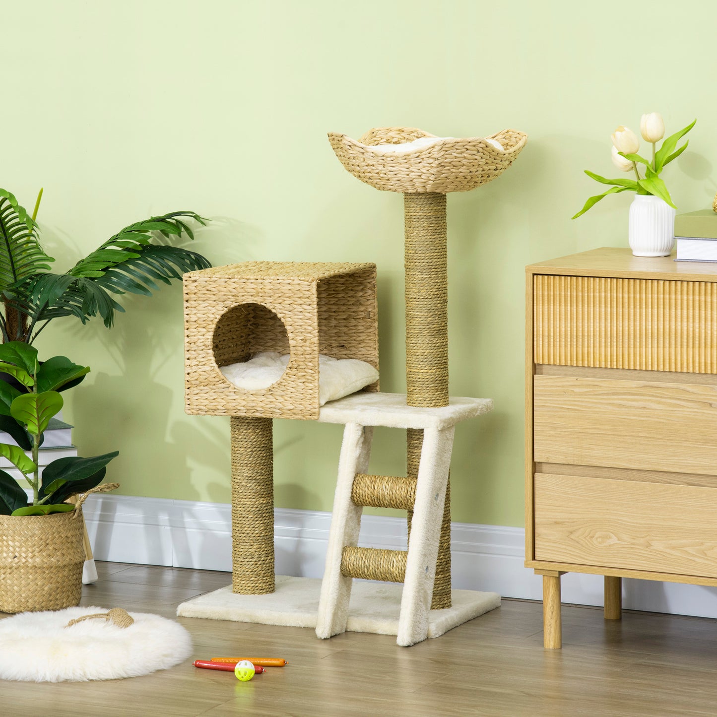 PawHut Cat Tree for Indoor Cats Kitten Tower Cattail Weave with Scratching Posts, Natural, 57 x 37 x 100.5 cm