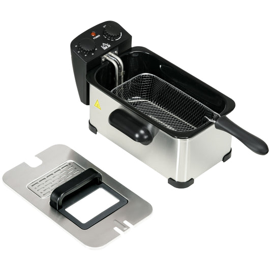 HOMCOM 3 Litre Stainless Steel Deep Fat Fryer with Adjustable Temp 60min Timer Viewing Window and Safety Cut Out 2000W