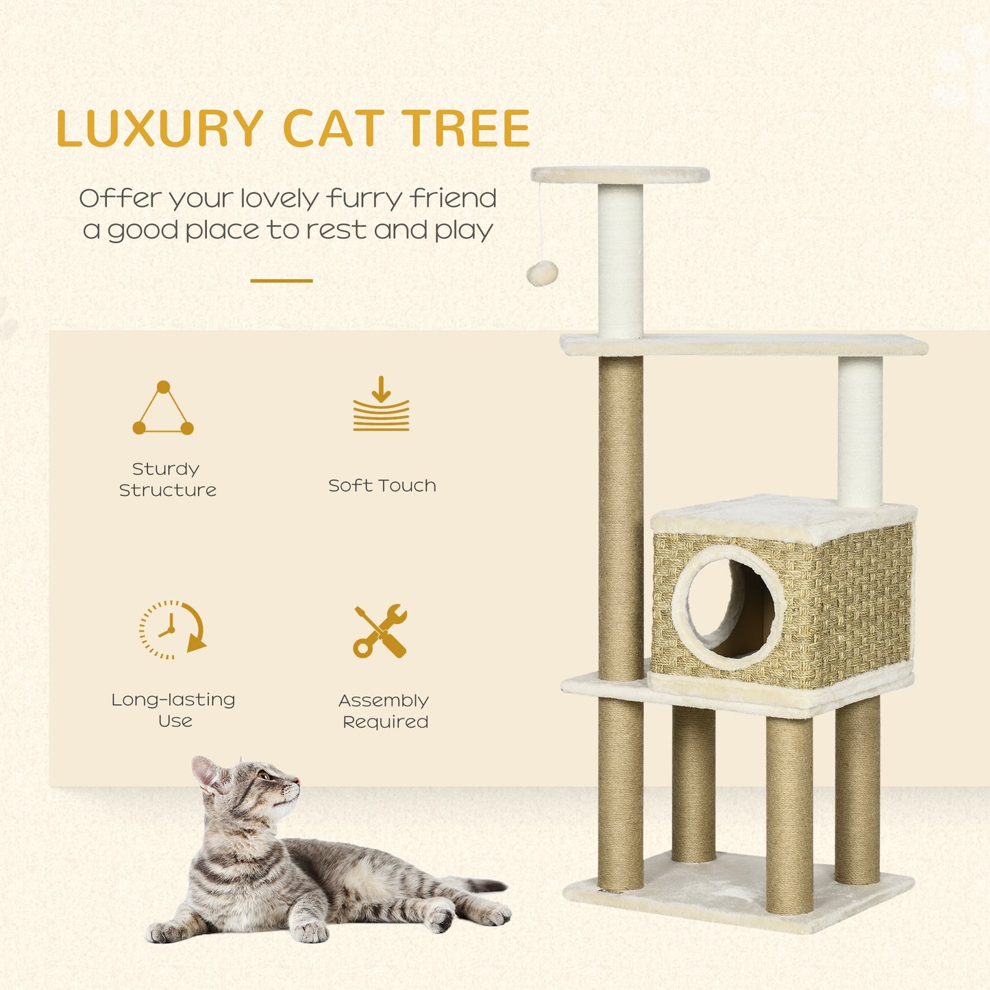 PawHut Cat Tree, Climbing Kitten Cat Tower Activity Center for Indoor Cats with Jute Scratching Post, Beige