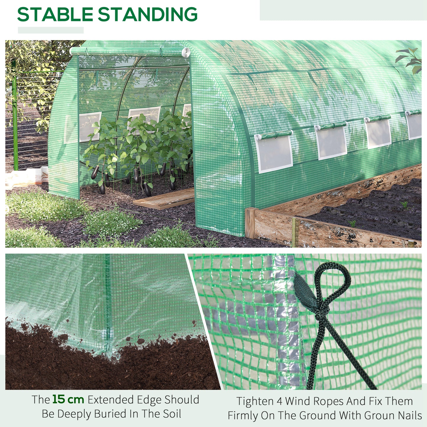 Outsunny Polytunnel Greenhouse Walkin Grow House Tent with Rollup Sidewalls Zipped Door and 8 Windows 4x3x2m Green