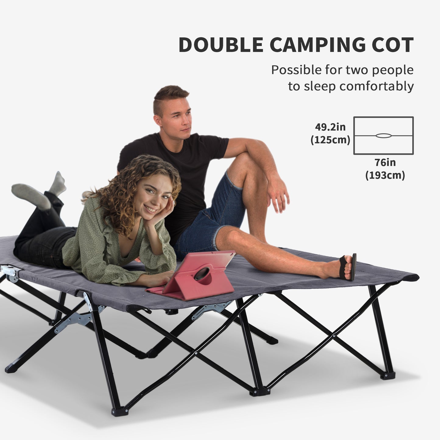 Outsunny Outdoor Double Camping Folding Cot Portable Sunbed with Carry Bag