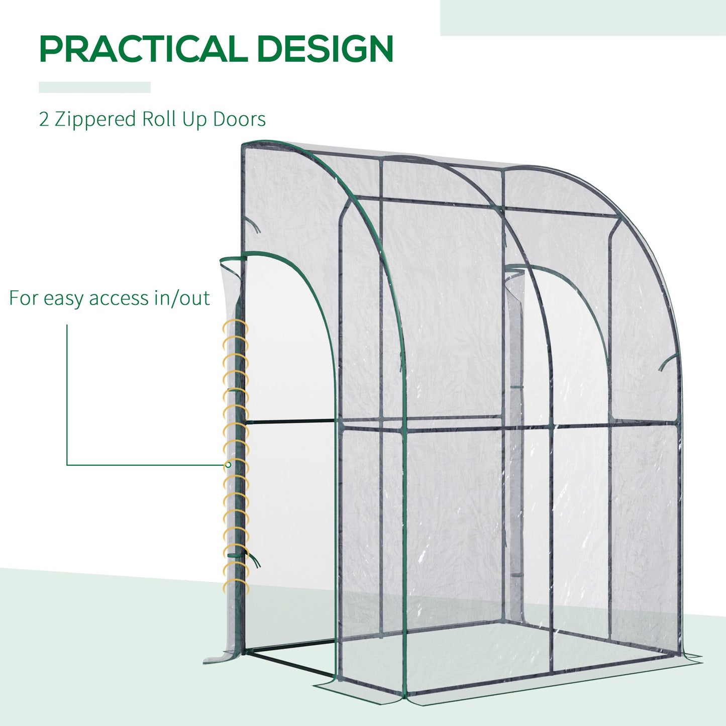 Outsunny Outdoor Walk-In Lean to Wall Tunnel Greenhouse with Zippered Roll Up Door PVC Cover Sloping Top, Clear, Green 143cm x 118cm x 212cm