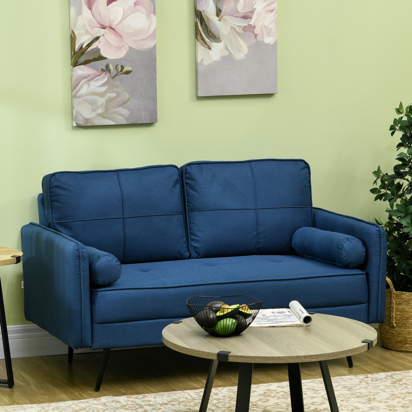 HOMCOM 143cm Loveseat Sofa for Bedroom Upholstered 2 Seater Sofa with Back Cushions and Pillows Blue