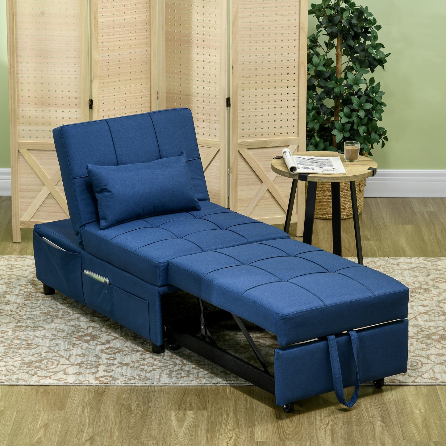 HOMCOM Convertible Chair Bed with Padding Seat 4in1 MultiFunctional Sleeper Chair Bed Recliner with Adjustable Backrest Side Pocket Wheels and Pillow for Living Room Blue