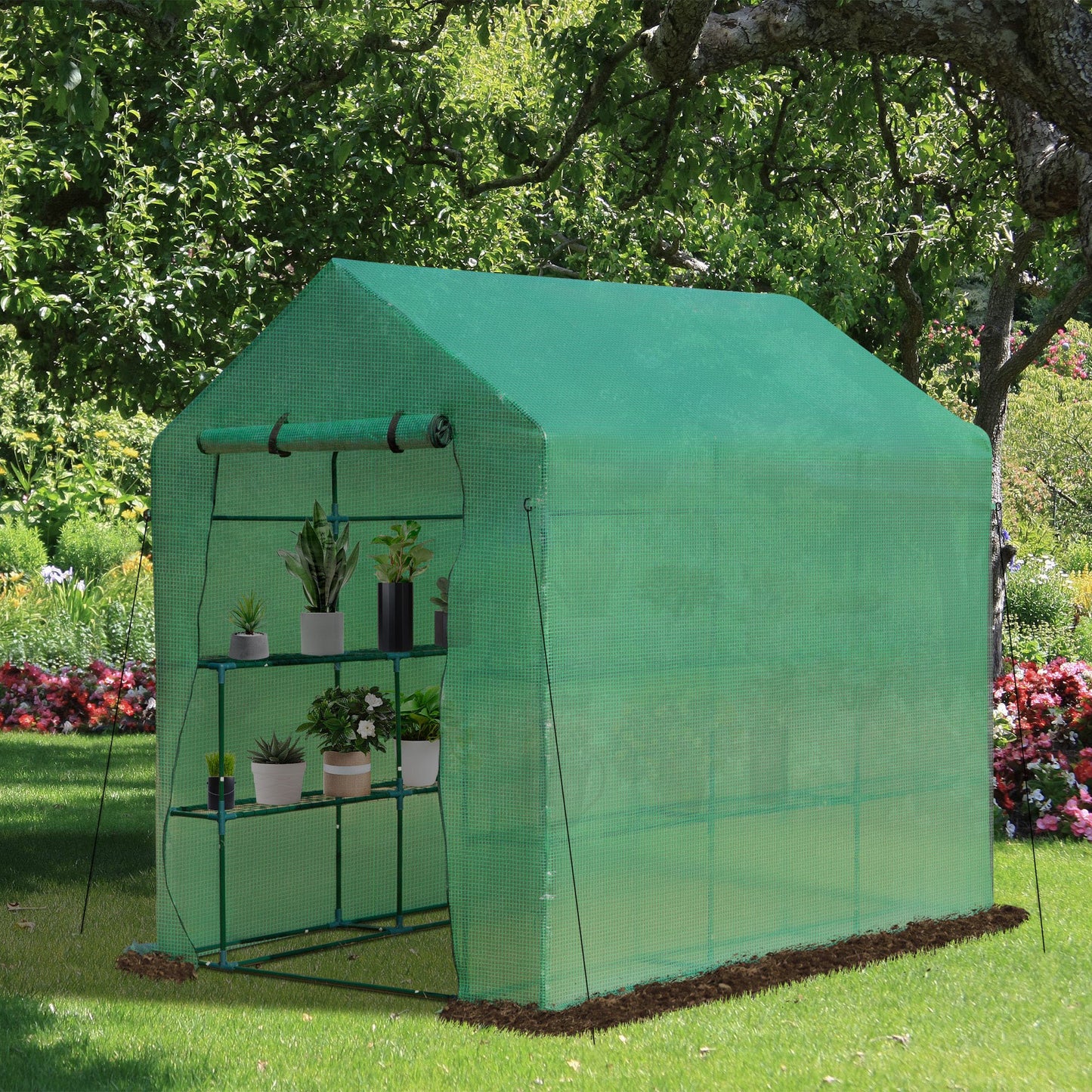 Outsunny 2 Tier Greenhouse Outdoor Garden with Roll up Door Green 7x4.7ft