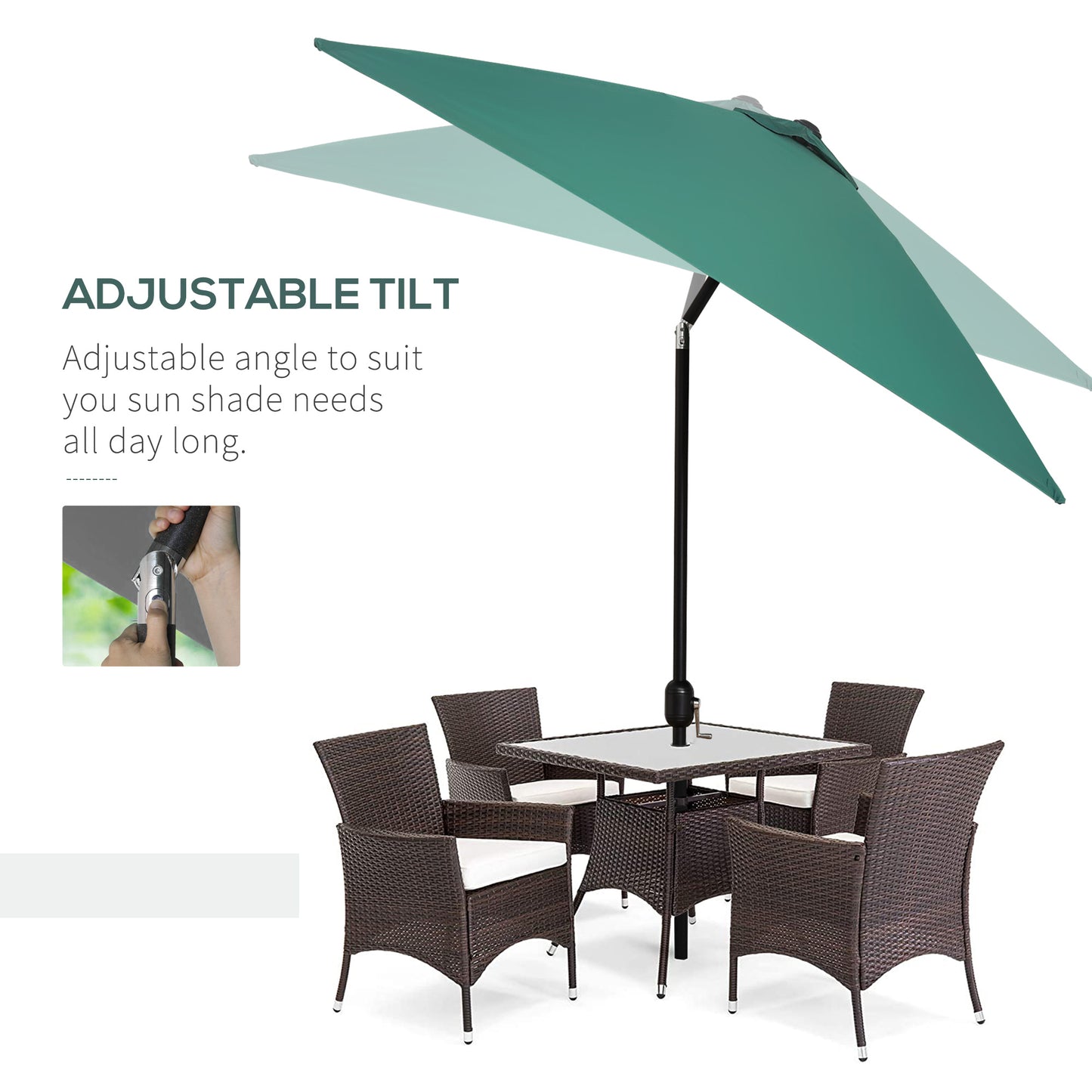 Outsunny 3x2m Patio Umbrella Canopy Tilt Crank Rectangular Sun Shade Steel Green