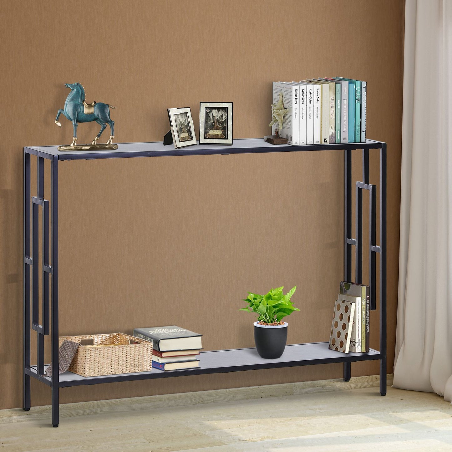 HOMCOM Console Table Narrow 2 Shelves MDF Steel Frame in Art Deco Square Style 76x106cm for Hallway Entrance