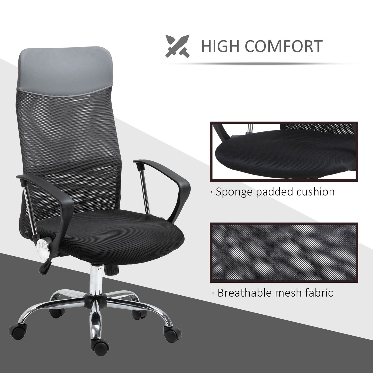HOMCOM Executive Office Desk Chair High Back Mesh Chair Seat - Grey