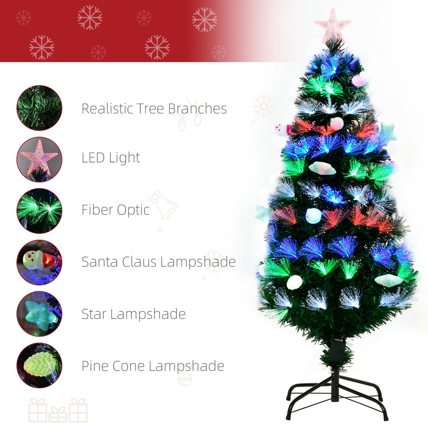 HOMCOM 4FT Pre-Lit Artificial Christmas Tree Home w/ Fibre Optic LED Light Decoration