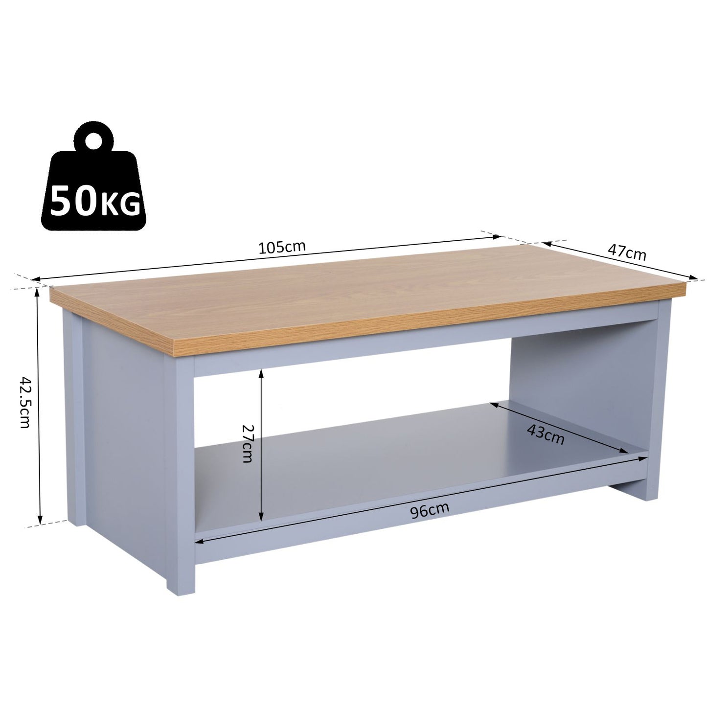HOMCOM Coffee Table w/Open Display Wood Effect Tabletop Retro Rustic Style Chic Storage Grey