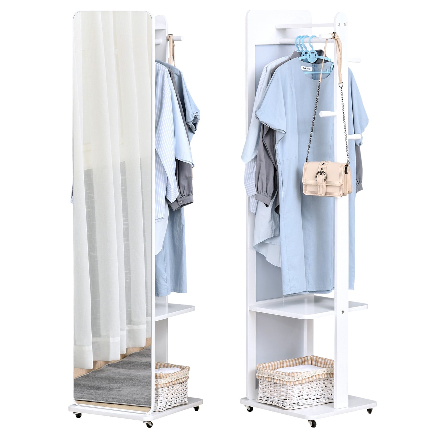 HOMCOM Full Length Dressing Mirror W/ Coat Rack, 360° Rolling Wheels White