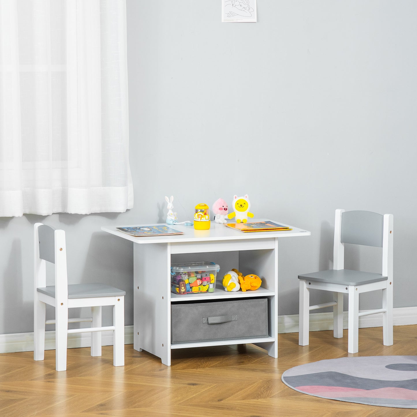 HOMCOM 3 Pcs Kids Table & Chairs Set Furniture w/ Storage Drawers for 2-4 Years old