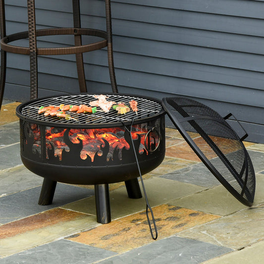 Outsunny Outdoor Fire Pit with Grill Cooking Grate W/ Cover Fire Poker Yard Bonfire Patio