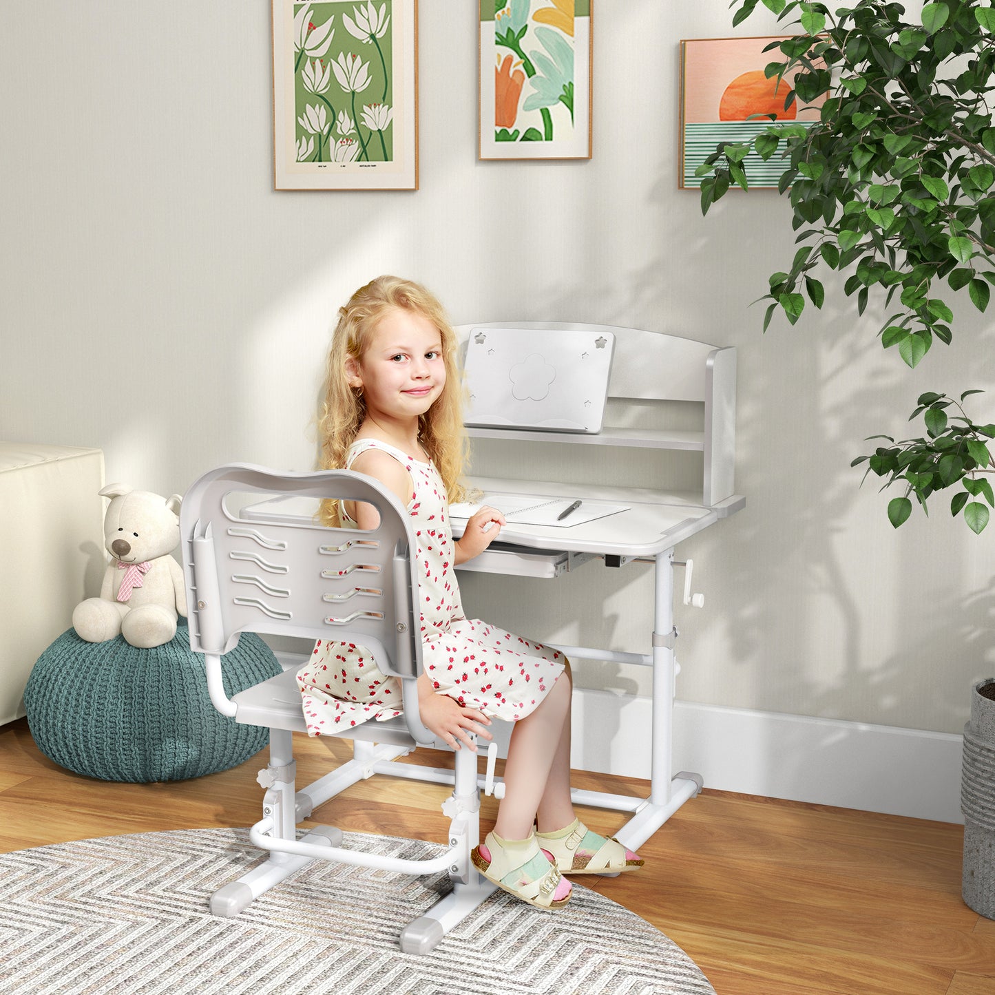 ZONEKIZ Height Adjustable Kids Study Table and Chair Set with Drawer Storage Shelf 80 x 54.5 x 104 cm Grey