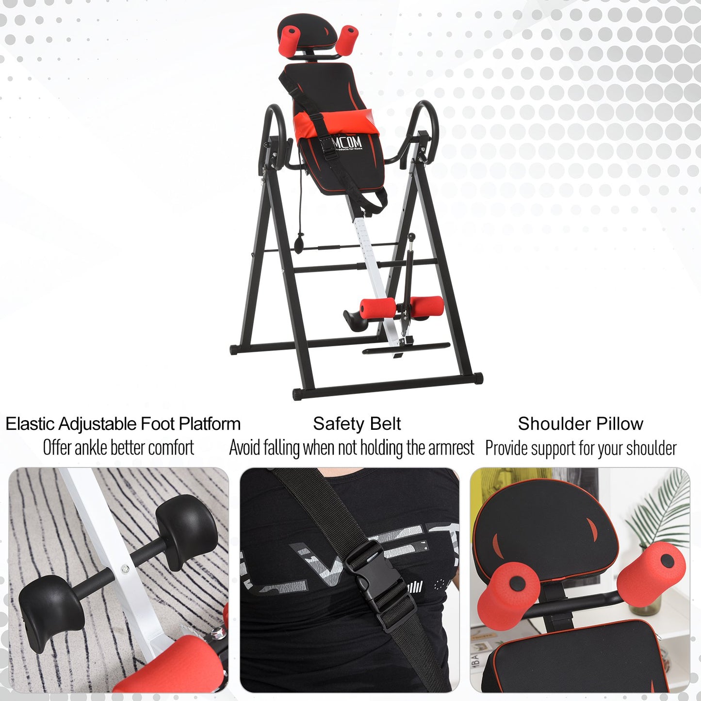 HOMCOM Steel Adjustable Gravity Inversion Table w/ Safety Belt Adjustable Hand Stand Home Back Stretcher Machine Red/Black