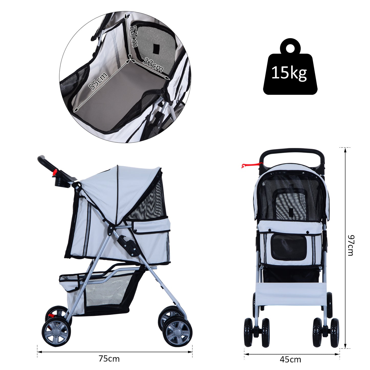 PawHut Dogs 600D Oxford Cloth Pram Grey - Suitable for Small Pets