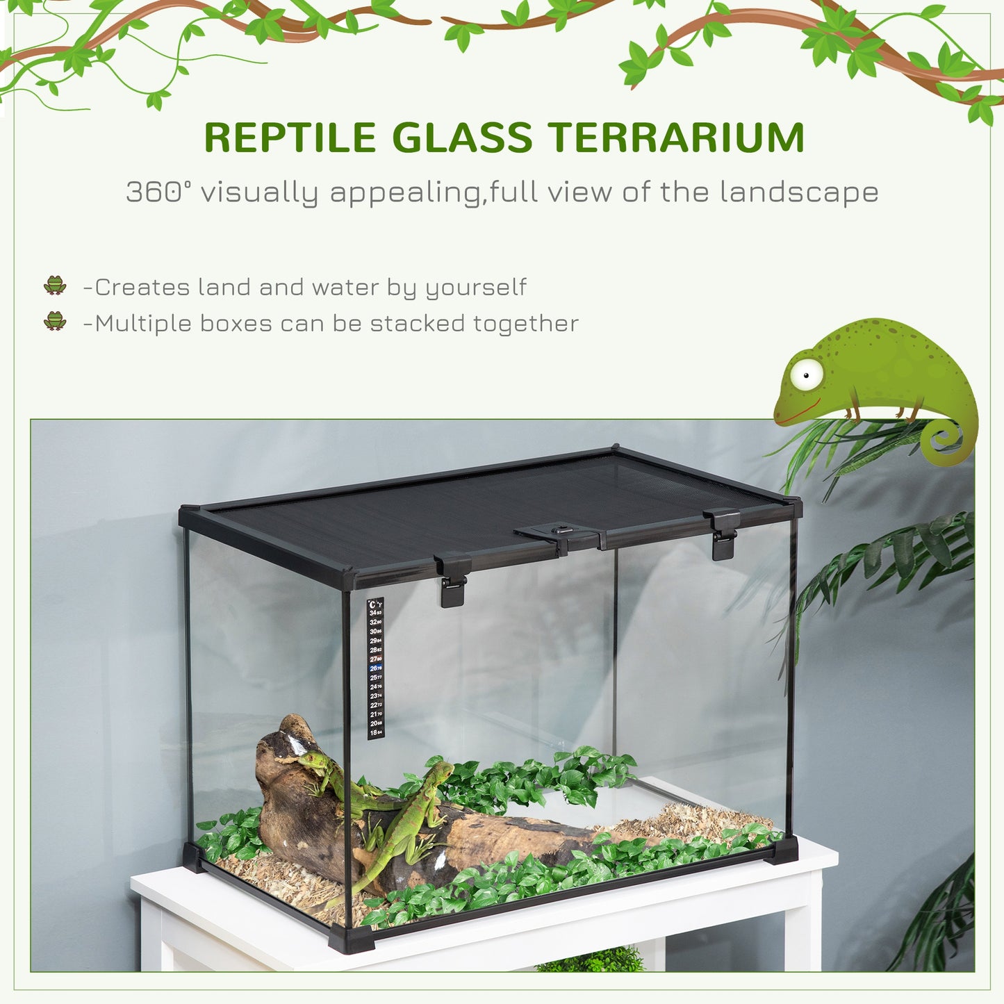 PawHut 50 x 30 x 35 cm Reptile Terrarium for Lizards, Horned Frogs, Snakes, Black