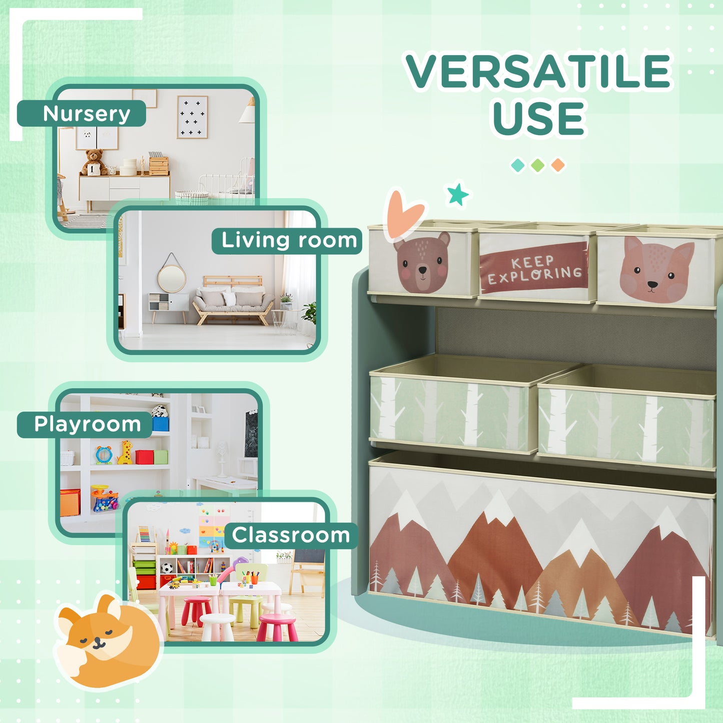 ZONEKIZ Kids Storage Unit Toy Storage Organiser with Six Fabric Bins for Bedrooms Playrooms Nurseries Green