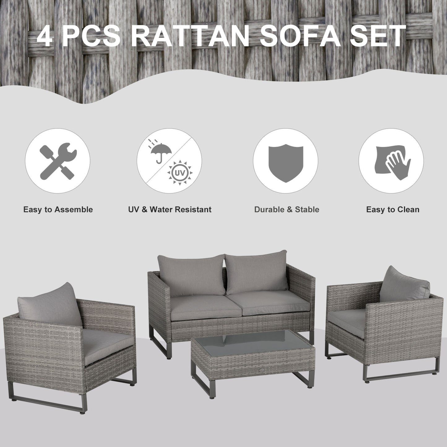 Outsunny 4-Seater PE Rattan Wicker Outdoor Dining Set Gery