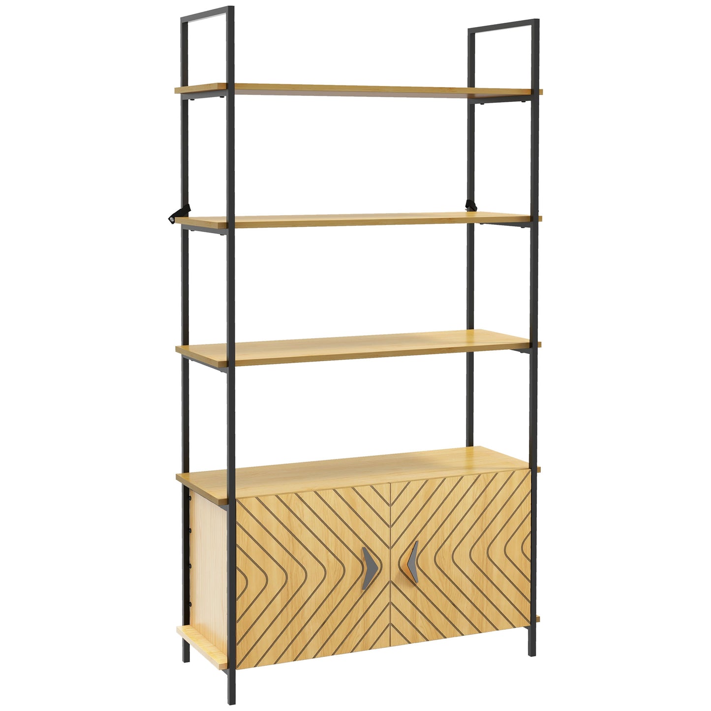 HOMCOM 4-Tier Metal Display Shelf with Double Door Cabinet & Metal Frame for Living Room, Bedroom-Oak Tone