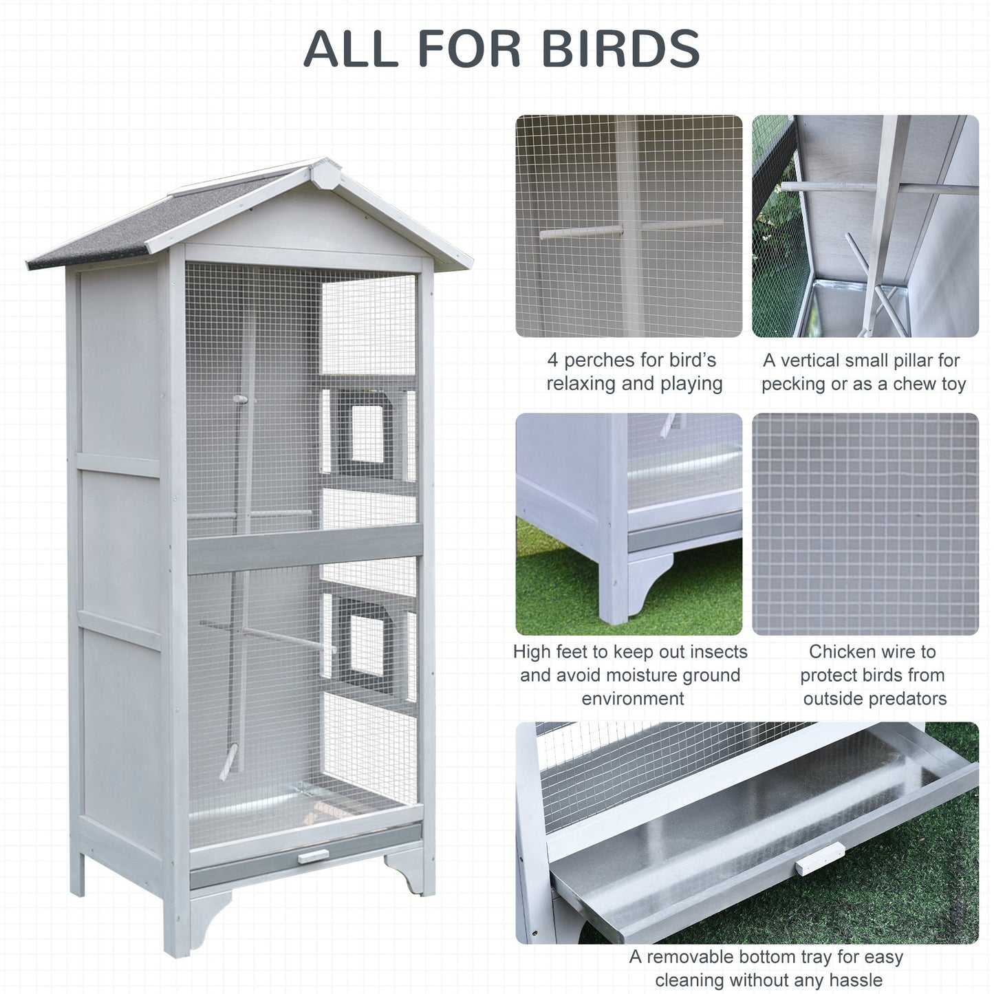 PawHut Wooden Outdoor Bird Cage, Featuring a Large Play House with Removable Bottom Tray 4 Perch