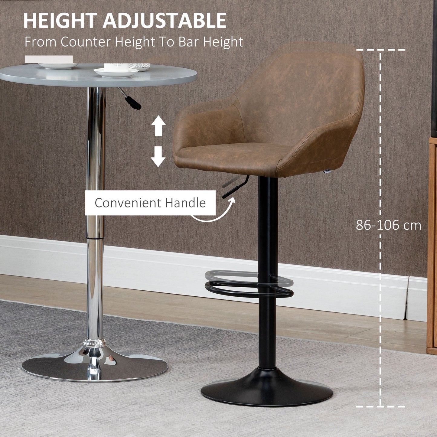 HOMCOM Adjustable Bar Stools Set of 2, Swivel Barstools with Footrest and Backrest, PU Leather and Steel Base, for Kitchen Counter and Dining Room, Dark Brown