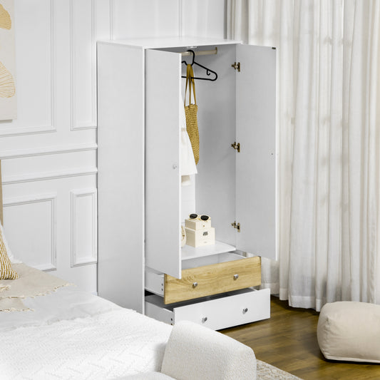 HOMCOM 2 Door Wardrobe White Wardrobe with Drawers and Hanging Rod for Bedroom Clothes Organisation and Storage