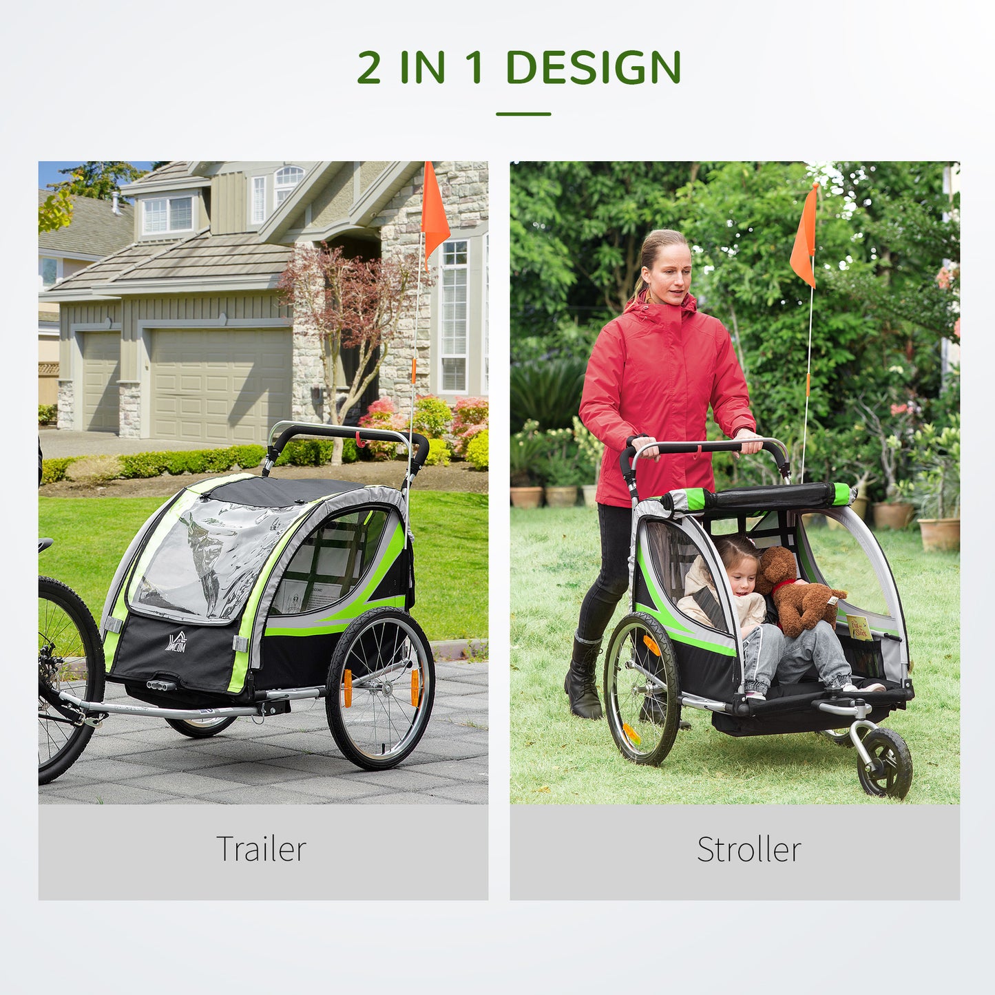 HOMCOM Child Bike Trailer 2 In 1 Baby Stroller 2-Seater Transport Carrier with Hitch Coupler, Brake, 5 Point Harness, Storage Bag, Reflector, Flag, Green