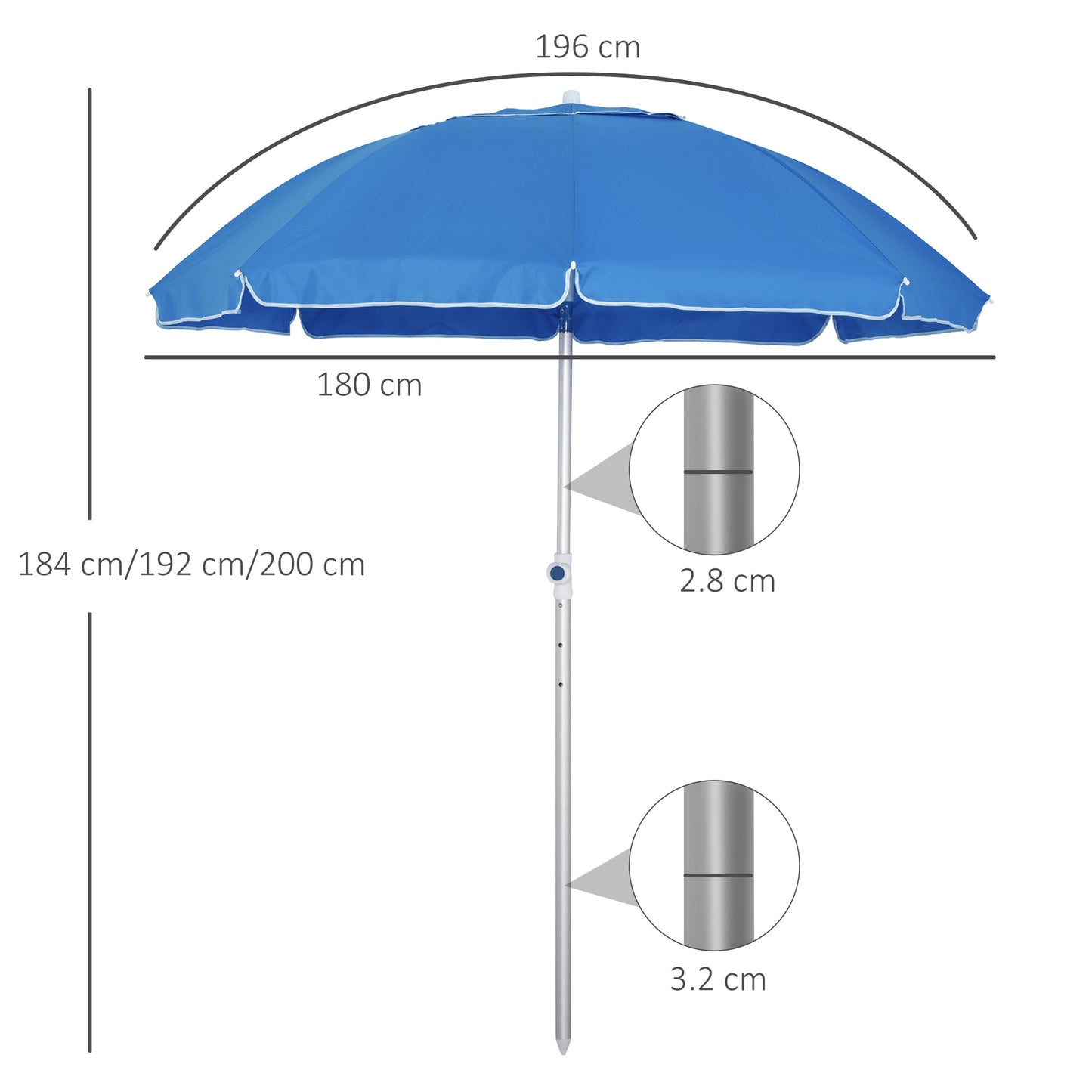 Outsunny Arc. 1.9m Beach Umbrella w/ Adjustable Angle Pointed Design Carry Bag Blue