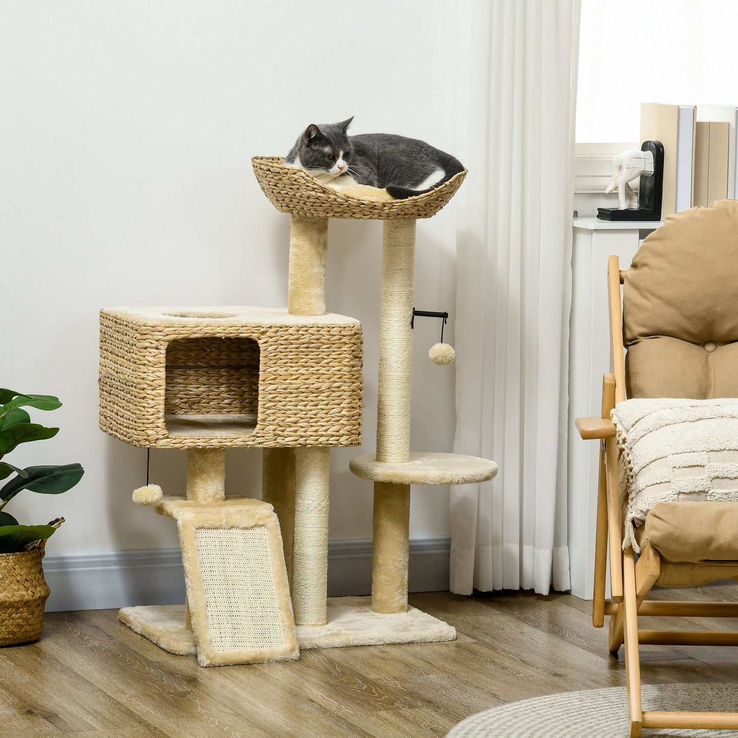 PawHut 95cm Cat Tree Tower for Indoor Cats with Scratching Post Cat House Toy Ball Platform Beige