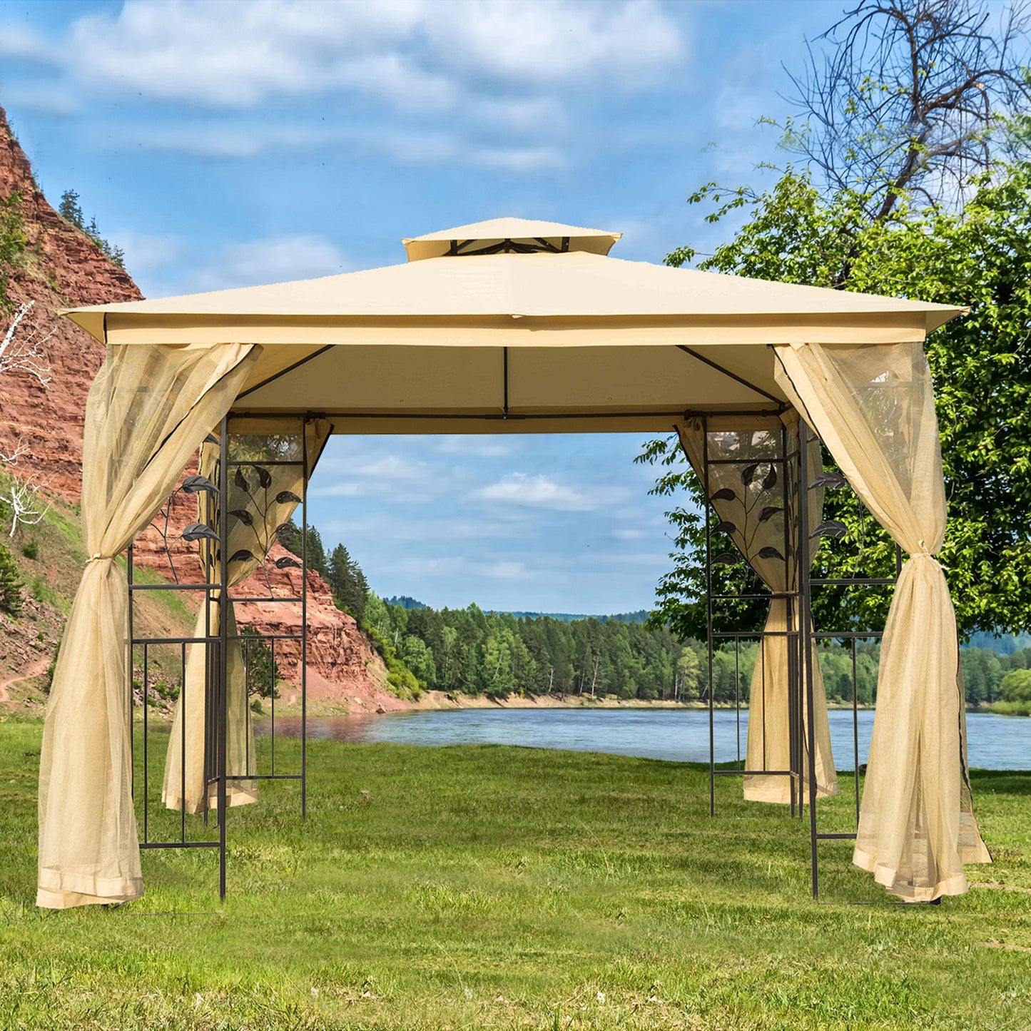 Outsunny Gazebo 3 x 3 Double Top-Beige Marquee Metal Party Tent Canopy Pavillion Patio Garden Shelter with mesh sidewall Pavilion