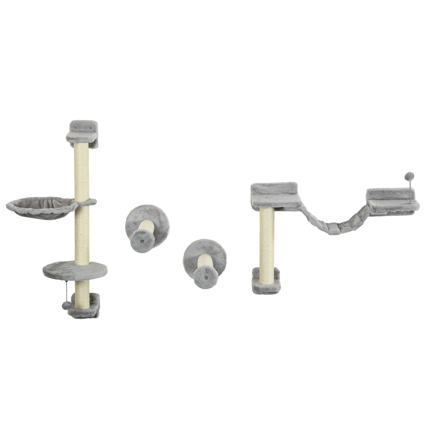 PawHut FourPiece Cat Wall Furniture with Hammock Perches Ladder Scratching Post Grey