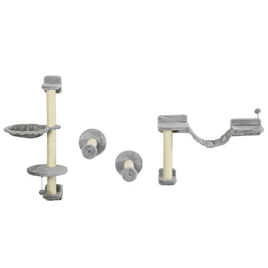 PawHut FourPiece Cat Wall Furniture with Hammock Perches Ladder Scratching Post Grey