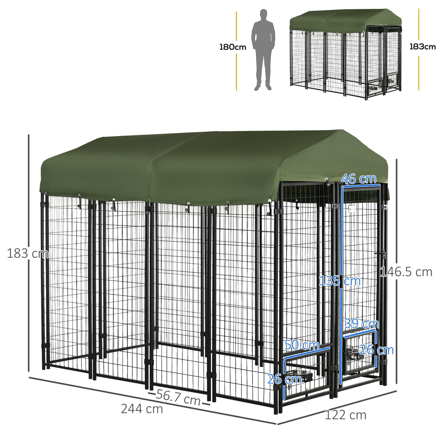 PawHut Outdoor Dog Kennel, Lockable Pet Playpen Crate, Welded Wire Steel Fence, 8ft x 4ft x 6ft, Green