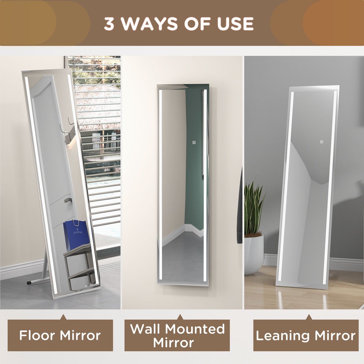 HOMCOM Standing Dressing Mirror with LED Lights Wall Dressing Mirror for Bedroom with Dimmable and 3 Colour Lighting White