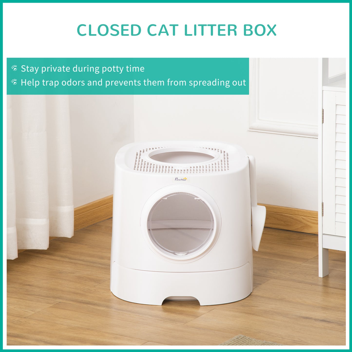 PawHut Cat Litter Box Portable Pet Toilet Fully Enclosed Kitten Pan w/ Scoop, White
