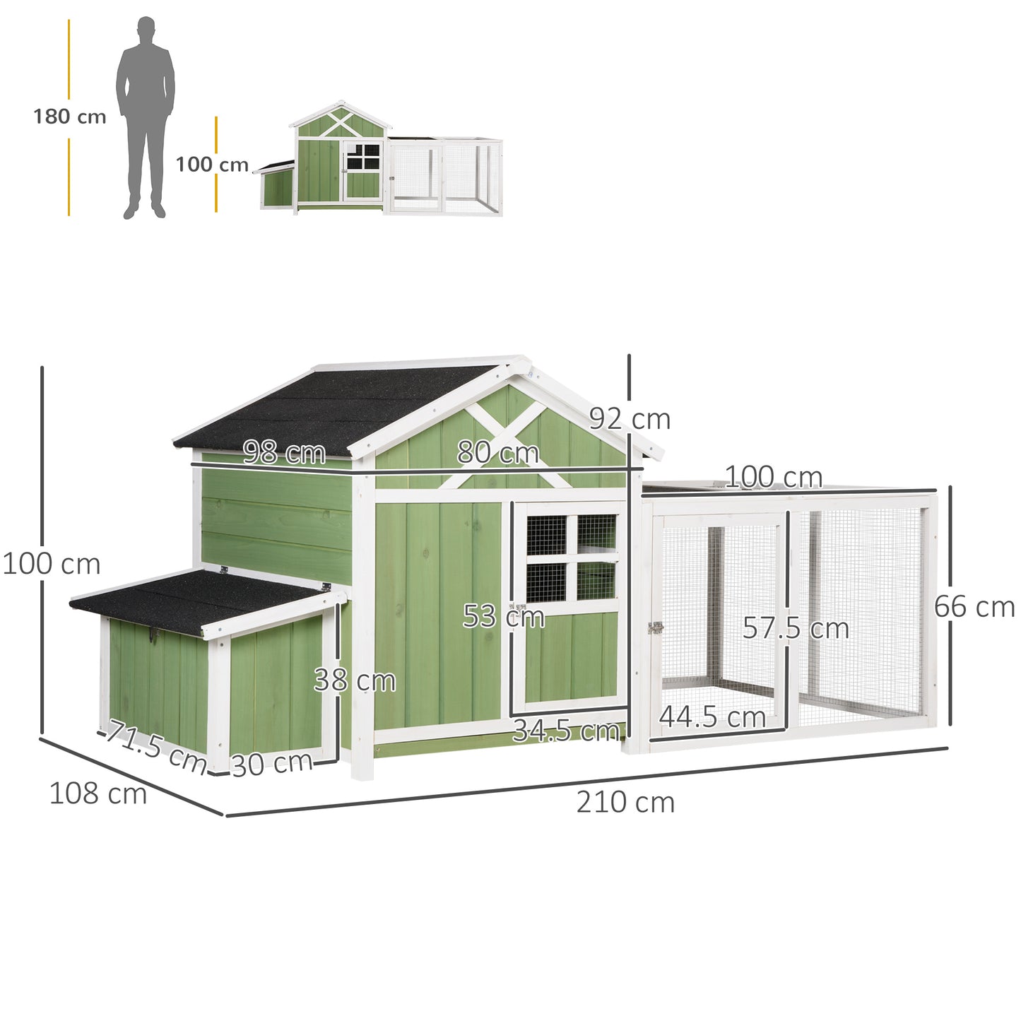 PawHut Chicken Coop with Outdoor Run, Chicken Run with Nesting Box, Wooden Poultry Cage with Removable Tray, Openable Roof and Lockable Doors, 210 x 108 x 100cm