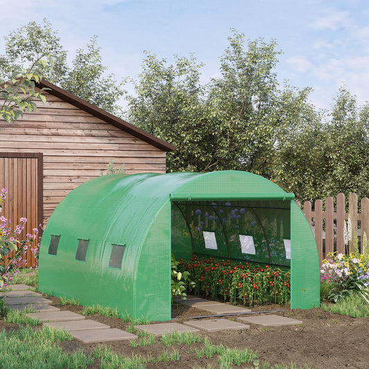 Outsunny Walk-In Polytunnel Greenhouse, Outdoor Garden Greenhouse with PE Cover, Zippered Roll Up Door and 6 Windows, 4 x 3 x 2 m, Green