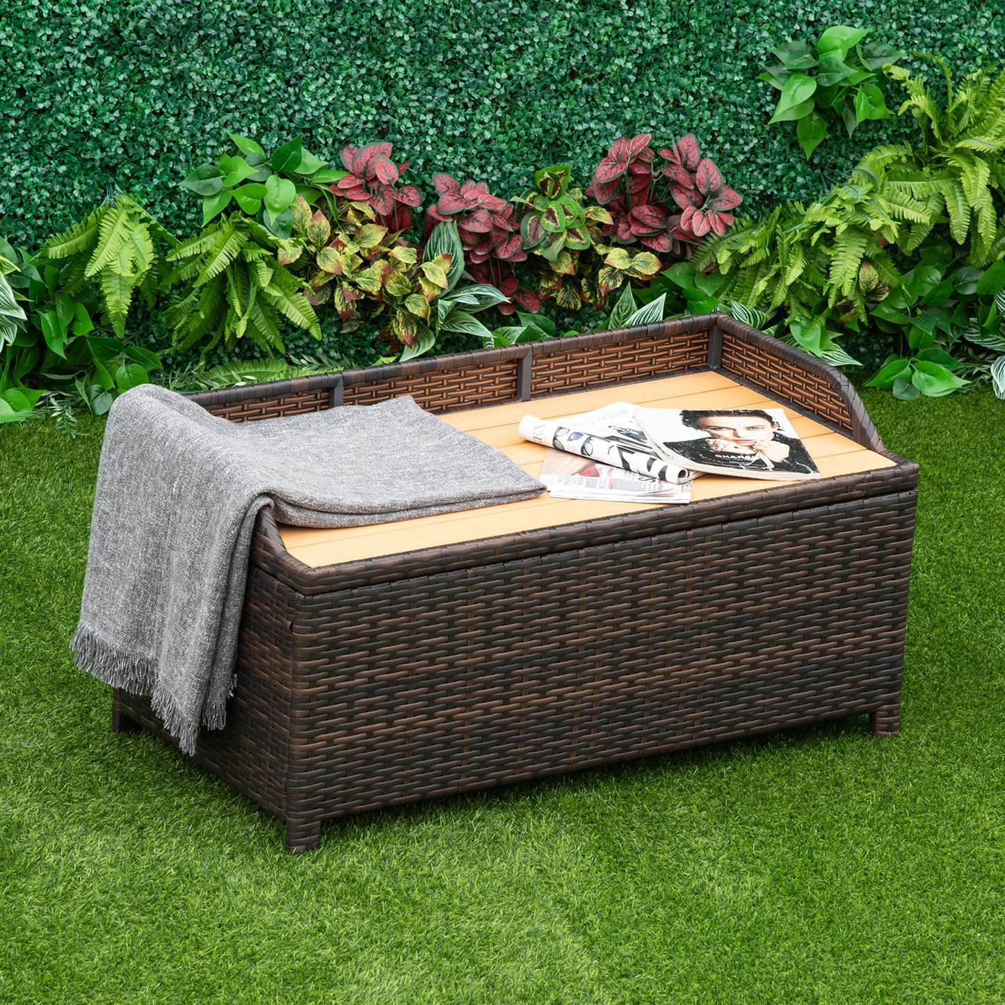 Outsunny PE Rattan Bench Patio Wicker Storage Basket Seat Furniture, 102Lx51Wx51H cm-Mixed Brown