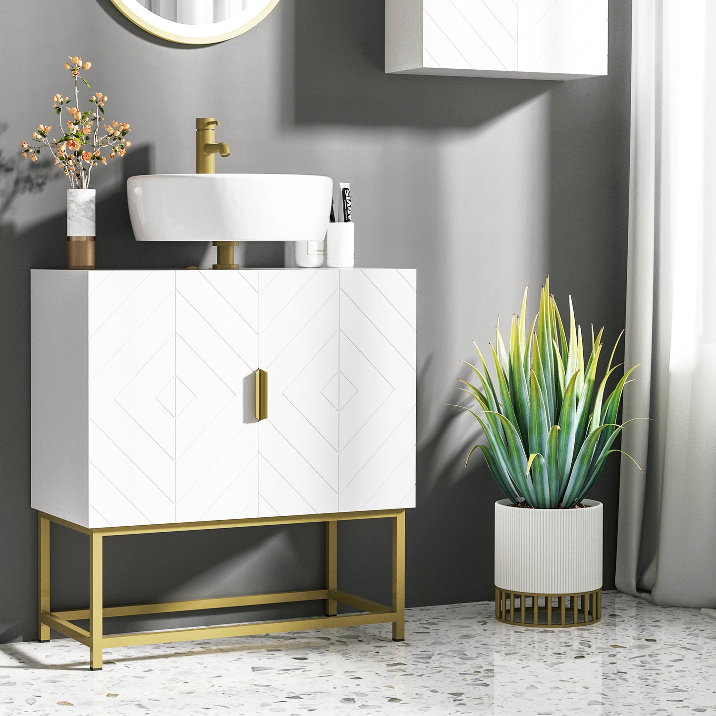 kleankin Bathroom Mirror Cabinet Under Sink Storage Cabinet Basin Cupboard with 2 Doors and Gold Steel Legs