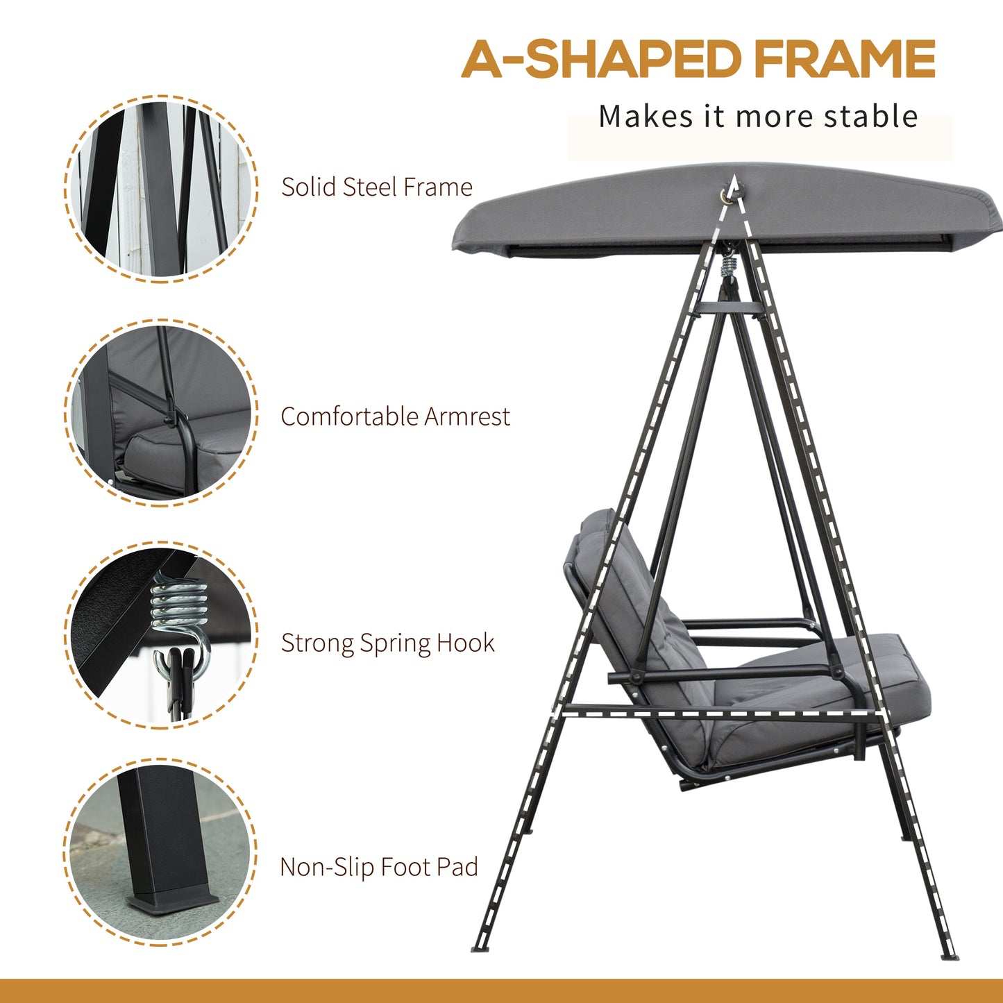 Outsunny Two-Seater Garden Swing Chair, with Adjustable Canopy - Grey