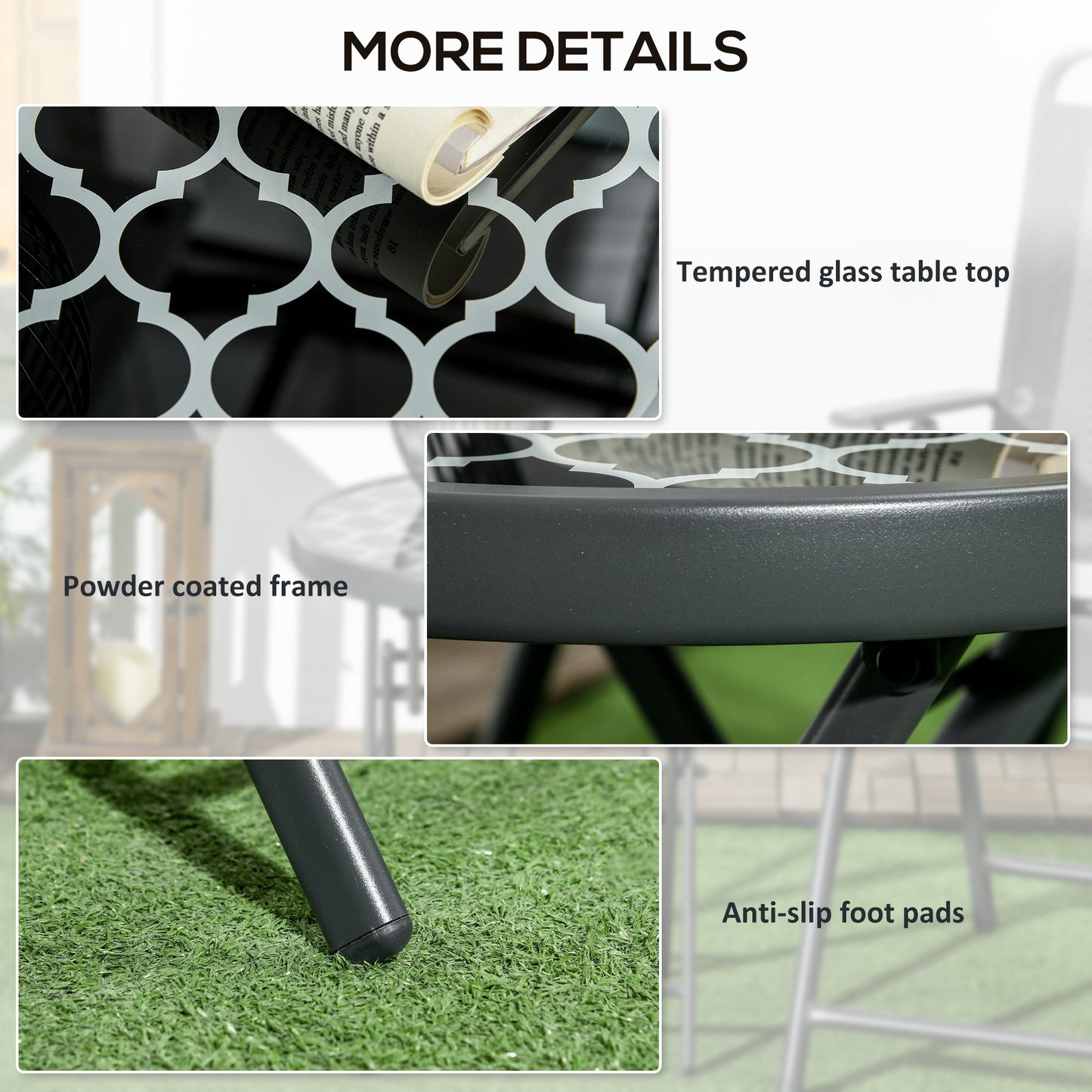Outsunny Φ45cm Outdoor Side Table Round Folding Patio Table with Imitation Marble Glass Top Small Coffee Table Black