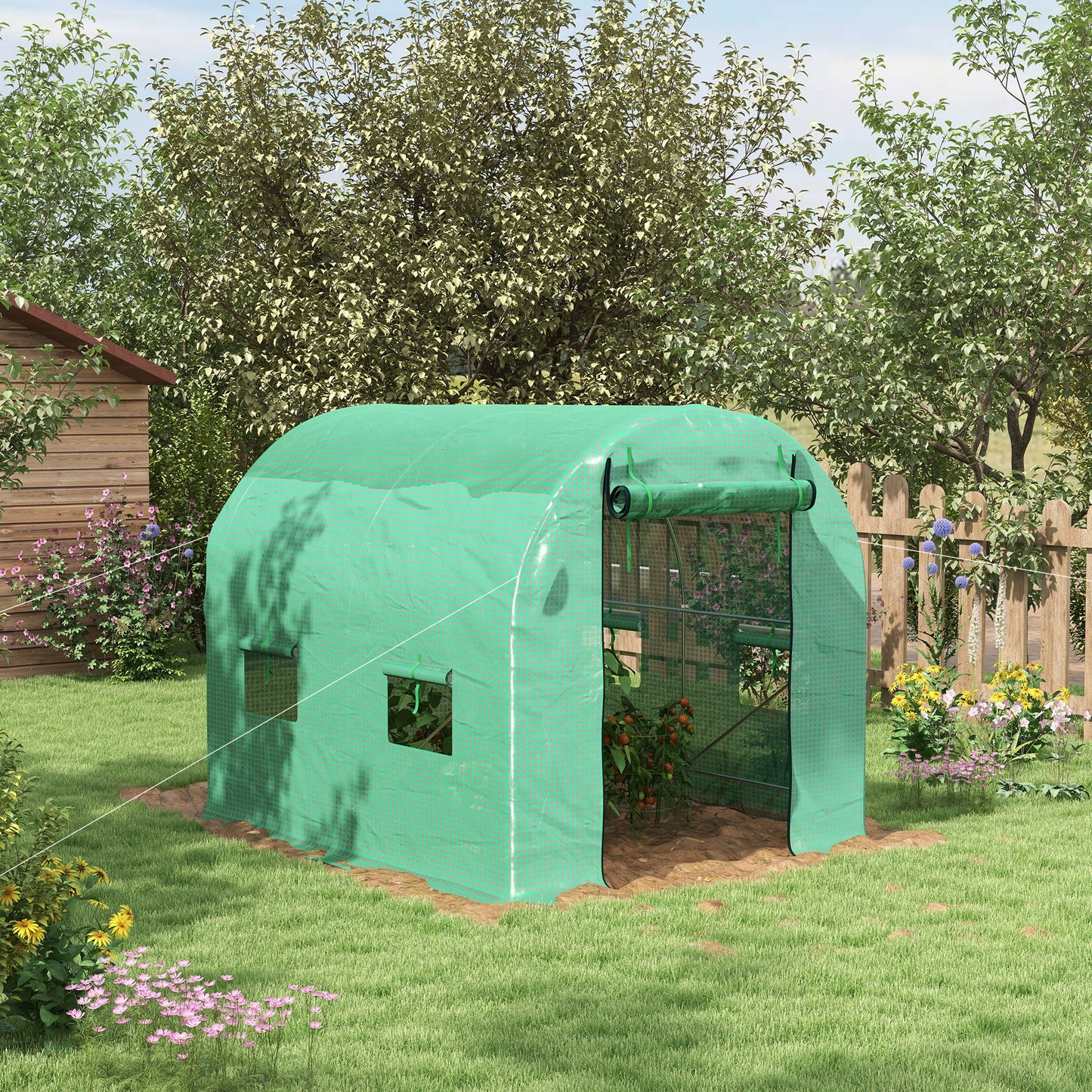 Outsunny WalkIn Garden Polytunnel Greenhouse with Steel Frame PE Cover RollUp Door and 4 Windows 2.5 x 2m Green