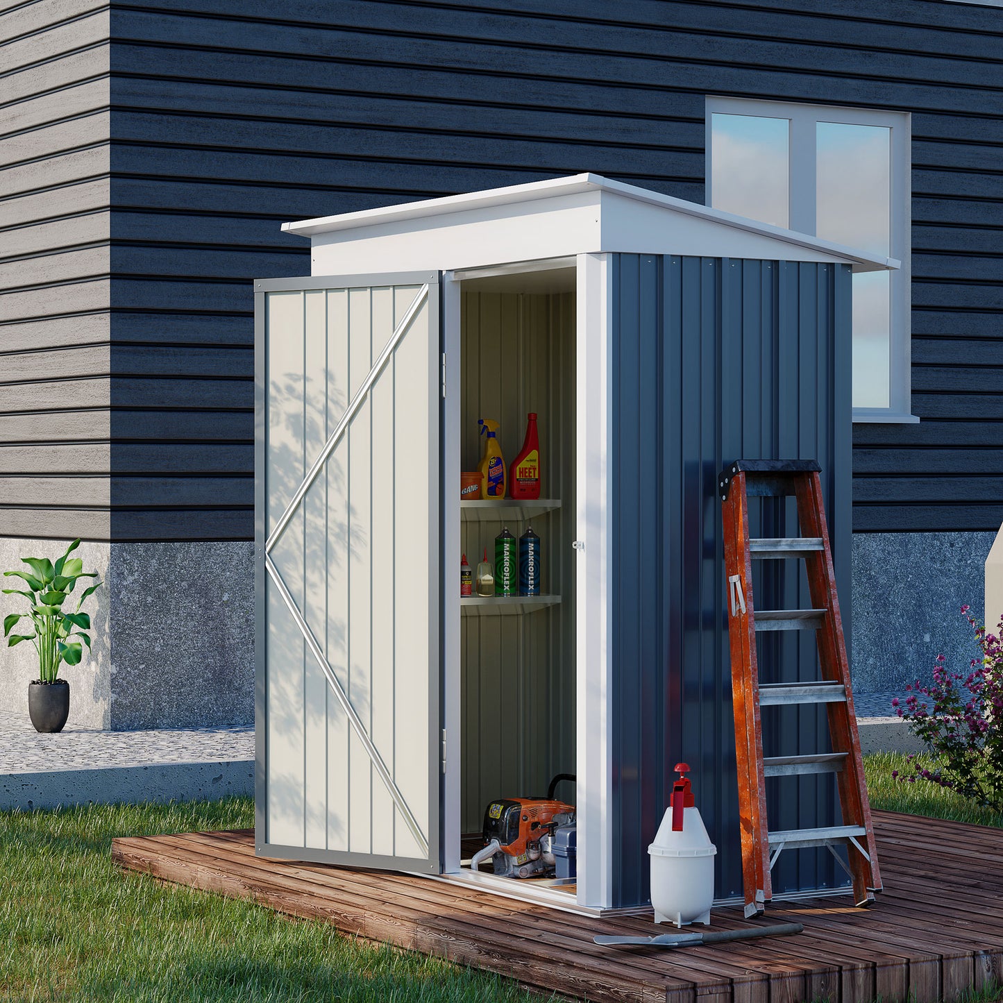 Outsunny Metal Garden Shed Outdoor Leanto Shed for Tool Motor Bike with Adjustable Shelf Lock Gloves 5'x3'x6' Dark Grey