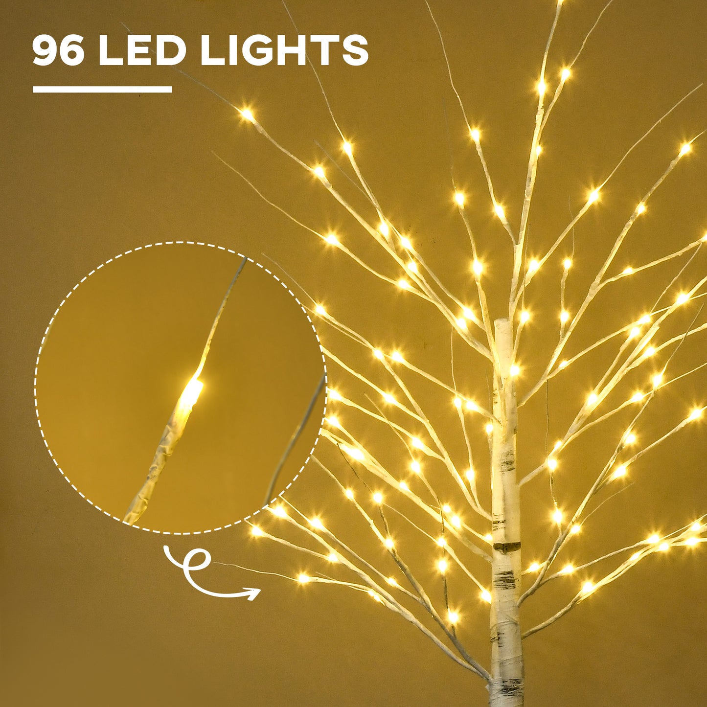 HOMCOM 6ft Artificial White Birch Tree Light with 96 Warm White Pre-Lit LED Light