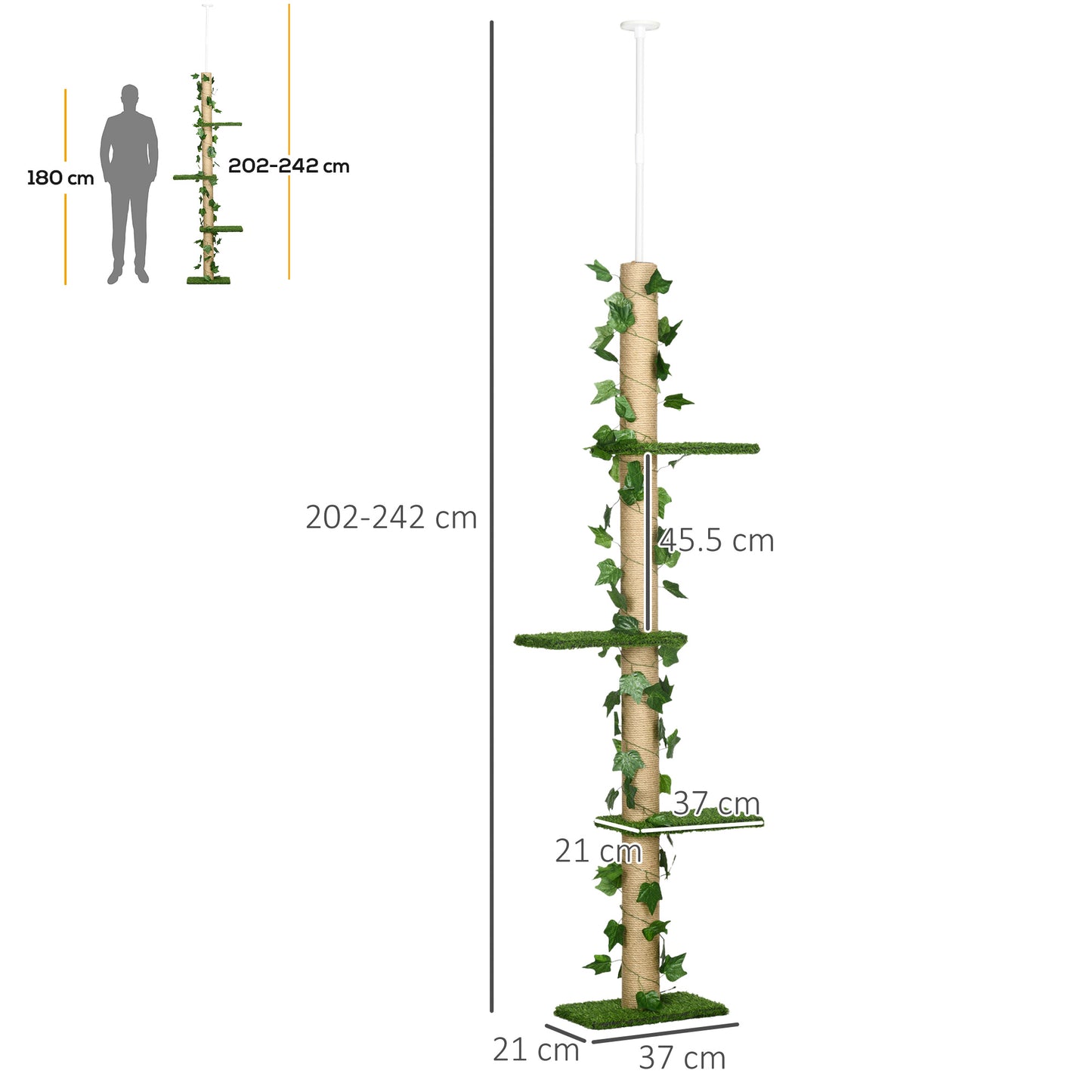 PawHut 242cm Floor to Ceiling Cat Tree, Height Adjustable Kitten Tower with Anti-slip Kit, Green